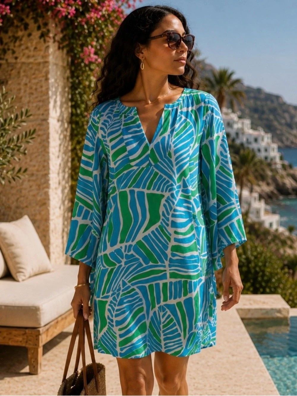 ALICE & TRIXIE Blue & Green Abstract Printed 100% Silk Dress Size XS